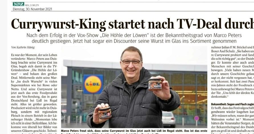NRZ-Ausschnitt mit Marco Peters und seiner Currywurst im Handel